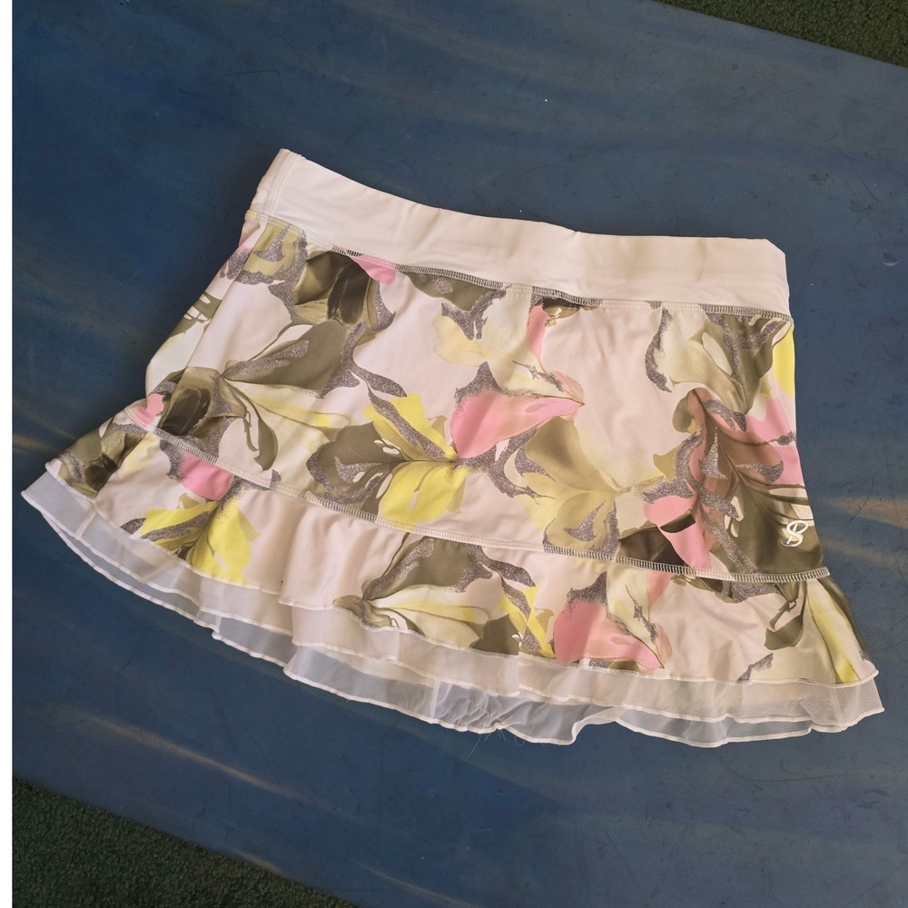 Sofibella Womens Floral Tennis Skort Pink Green Ruffle Mesh Hem Size Medium